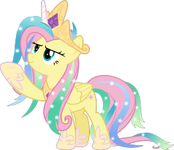 Size: 5237x4533 | Tagged: safe, artist:jhayarr23, fluttershy, pegasus, pony, horse play, absurd resolution, acting, best princess, celestia costume, celestia's crown, clothes, cosplay, costume, crown, fake horn, female, jewelry, mare, raised hoof, regalia, roleplay, shylestia, simple background, transparent background, vector