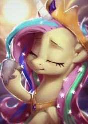 Size: 850x1200 | Tagged: safe, artist:assasinmonkey, fluttershy, pegasus, pony, horse play, celestia costume, clothes, cosplay, costume, cute, eyes closed, female, jewelry, mare, regalia, shyabetes, shylestia, solo