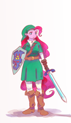 Size: 1280x2221 | Tagged: safe, artist:andretheusfelix, pinkie pie, anthro, clothes, cosplay, costume, hylian shield, link, solo, the legend of zelda