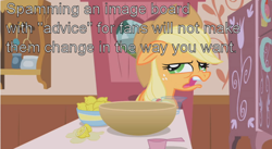 Size: 640x350 | Tagged: safe, derpibooru import, applejack, earth pony, pony, bronyetiquette, derpibooru, image macro, meta, solo, text