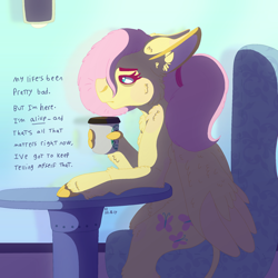 Size: 2048x2048 | Tagged: safe, artist:eleamorbid, fluttershy, pegasus, pony, alternate hairstyle, coffee, cup, cutie mark, ear fluff, female, floppy ears, hair tie, hoof fingers, leonine tail, lidded eyes, mare, ponytail, sitting, solo, starbucks, text