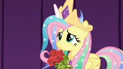 Size: 1920x1080 | Tagged: safe, screencap, fluttershy, pegasus, pony, horse play, bouquet, celestia costume, celestia's crown, clothes, cosplay, costume, crown, cute, discovery family logo, fake horn, female, flower, jewelry, mare, peytral, regalia, rose, shyabetes, shylestia, solo