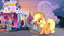 Size: 847x473 | Tagged: safe, screencap, applejack, hard hat (character), jack hammer, rivet, steam roller (character), earth pony, pony, honest apple, carousel boutique, female, male, mare, rope, stallion