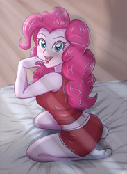 Size: 2598x3543 | Tagged: safe, artist:sumin6301, pinkie pie, equestria girls, bed, bedroom, clothes, crepuscular rays, cute, diapinkes, midriff, open mouth, shorts, socks, solo, tongue out