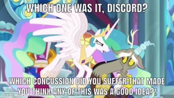 Size: 1920x1080 | Tagged: safe, edit, edited screencap, screencap, discord, princess celestia, princess luna, twilight sparkle, alicorn, draconequus, pony, the ending of the end, angry, bad, cowering, discord drama, dragonball z abridged, duckery in the comments, female, flying, goku, hoof shoes, male, mare, meme, piccolo (dbz), series finale drama, team four star, throne room, user meltdown in the comments, yelling