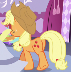 Size: 423x432 | Tagged: safe, screencap, applejack, earth pony, pony, honest apple, cropped, eyes closed, female, freckles, mare, plot, solo