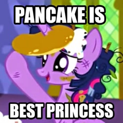 Size: 540x540 | Tagged: safe, derpibooru import, edit, edited screencap, screencap, twilight sparkle, twilight sparkle (alicorn), alicorn, pony, adorkable, best princess, cute, dork, female, food, horn, horn impalement, i'm pancake, image macro, mare, meme, messy mane, open mouth, pancakes, raised hoof, smiling, text, twiabetes