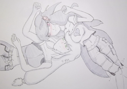 Size: 958x676 | Tagged: safe, artist:zalla661, applejack, octavia melody, human, appletavia, belly button, blushing, clothes, female, humanized, lesbian, midriff, monochrome, neo noir, partial color, shipping, traditional art