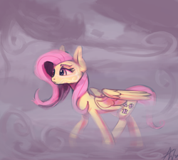 Size: 1600x1439 | Tagged: safe, artist:penny-wren, fluttershy, pegasus, pony, face markings, female, fog, mare, raised hoof, solo, spread wings, walking, wings