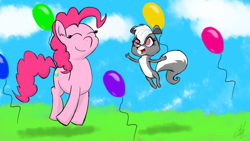 Size: 1280x720 | Tagged: safe, artist:tomazii7, pinkie pie, earth pony, pony, skunk, animal, balloon, crossover, female, littlest pet shop, pepper clark, smiling