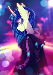 Size: 1358x1920 | Tagged: safe, artist:rariedash, dj pon-3, vinyl scratch, anthro, clothes, curved horn, ear fluff, earbuds, female, hoodie, horn, solo