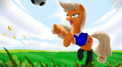 Size: 4200x2300 | Tagged: safe, artist:j24262756, applejack, earth pony, pony, absurd resolution, clothes, football, grass, hatless, jersey, jha, kicking, leaves, missing accessory, rearing, socks, solo, sweat, windswept mane