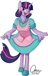 Size: 800x1254 | Tagged: safe, artist:omny87, derpibooru import, twilight sparkle, unicorn twilight, anthro, unguligrade anthro, unicorn, apron, clothes, curtsey, dress, female, housewife, open mouth, signature, simple background, smiling, solo, transparent background