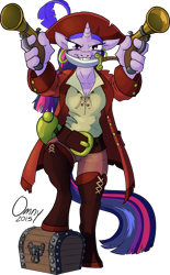 Size: 600x968 | Tagged: safe, artist:omny87, derpibooru import, twilight sparkle, anthro, unguligrade anthro, gun, knife, mouth hold, pirate, pistol, solo, treasure chest, weapon