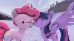 Size: 1036x571 | Tagged: safe, derpibooru import, pinkie pie, twilight sparkle, twilight sparkle (alicorn), alicorn, earth pony, pony, 3d, female, kissing, lesbian, mare, nose kiss, shipping, source filmmaker, twinkie