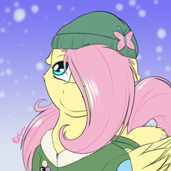 Size: 2000x2000 | Tagged: safe, artist:punk-pegasus, fluttershy, pegasus, pony, beanie, clothes, cute, female, floppy ears, folded wings, hair over one eye, hat, jacket, looking away, looking up, mare, shyabetes, smiling, snow, solo