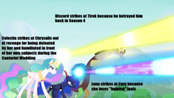 Size: 1362x768 | Tagged: safe, edit, edited screencap, screencap, discord, princess celestia, princess luna, alicorn, draconequus, pony, the ending of the end, blast, caption, headcanon, image macro, impact font, magic, magic beam, magic blast, text