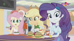 Size: 1136x638 | Tagged: safe, screencap, applejack, fluttershy, rarity, equestria girls, mirror magic, spoiler:eqg specials, apple, burger, canterlot mall, food, geode of shielding, geode of super strength, hamburger, magical geodes, oat burger, oats, salad, serving tray, soda, teletoon, worried