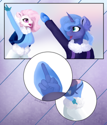 Size: 3096x3600 | Tagged: safe, artist:livitoza, princess celestia, princess luna, alicorn, anthro, clothes, middle finger, royal sisters, vulgar, winter, younger