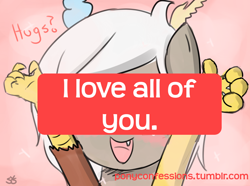 Size: 900x668 | Tagged: safe, eris, blushing, female, incoming hug, meta, pony confession, solo