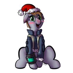 Size: 3000x3000 | Tagged: safe, artist:banshee, oc, oc only, oc:littlepip, pony, unicorn, fallout equestria, blushing, christmas, clothes, fanfic, fanfic art, female, floppy ears, hat, hooves, horn, mare, open mouth, pipbuck, santa hat, simple background, sitting, solo, vault suit, white background