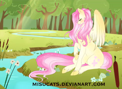 Size: 5000x3662 | Tagged: safe, artist:misucats, fluttershy, pegasus, pony, cutie mark, eyes closed, female, forest, mare, one wing out, profile, raised hoof, river, sitting, smiling, solo, starry mane, unshorn fetlocks