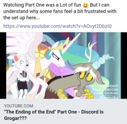 Size: 717x700 | Tagged: safe, edit, edited screencap, screencap, discord, princess celestia, oc, oc:dr. wolf, alicorn, anthro, draconequus, the ending of the end, female, male, mare, youtube link