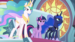 Size: 1668x937 | Tagged: safe, screencap, princess celestia, princess luna, twilight sparkle, twilight sparkle (alicorn), alicorn, pony, the ending of the end, cropped, determined, royal sisters, serious, trio