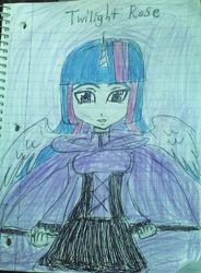 Size: 1594x2160 | Tagged: safe, artist:rwbyrebirthfantasy, derpibooru import, twilight sparkle, twilight sparkle (alicorn), alicorn, hybrid, equestria girls, breasts, crossover, female, fusion, horn, horned humanization, humanized, lined paper, rooster teeth, ruby rose, rwby, solo, traditional art, weapon, winged humanization, wings