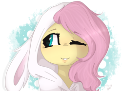 Size: 1024x767 | Tagged: safe, artist:fluttershy369, fluttershy, pegasus, pony, abstract background, animal costume, bunny costume, bust, clothes, costume, cute, female, full face view, hoodie, looking away, looking sideways, mare, one eye closed, portrait, shyabetes, smiling, solo