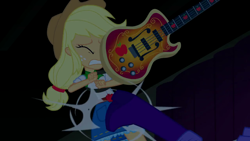 Size: 1280x720 | Tagged: safe, screencap, applejack, rarity, equestria girls, rainbow rocks, bass guitar, kicking, musical instrument