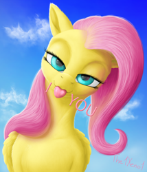 Size: 1282x1500 | Tagged: safe, artist:the1xeno1, fluttershy, pegasus, pony, bedroom eyes, cloud, female, lidded eyes, looking at you, mare, sky, solo, tongue out