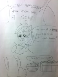 Size: 1920x2560 | Tagged: artist needed, safe, applejack, pear butter, earth pony, pony, the perfect pear, comic, food, pear, traditional art, what the fuck am i reading