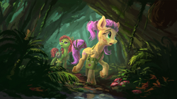 Size: 1920x1080 | Tagged: safe, artist:plainoasis, fluttershy, tree hugger, earth pony, pegasus, pony, duo, female, first aid kit, forest, hair up, jungle, looking around, mare, open mouth, scar