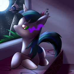 Size: 3600x3600 | Tagged: safe, artist:nutkicker12, derpibooru import, nightmare moon, twilight sparkle, twilight sparkle (alicorn), alicorn, bat pony, pony, alternate hair color, alternate universe, bedroom eyes, contemplating, crown, fangs, female, glowing eyes, looking up, mare, moon, moonlight, night, prone, queen twilight, sombra eyes, stars