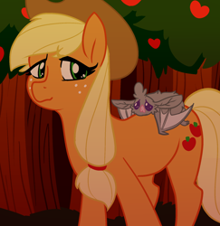 Size: 1708x1755 | Tagged: safe, artist:/d/non, applejack, bat, earth pony, pony, vampire fruit bat, 30 minute art challenge, apple tree, female, mare, solo, tree