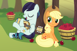 Size: 2217x1478 | Tagged: safe, artist:jhayarr23, applejack, coloratura, earth pony, pony, acoustic guitar, apple, basket, blushing, cowboy hat, duo, female, food, guitar, hat, lesbian, mare, music notes, rarajack, shipping, singing, sitting, smiling, stetson, sweet apple acres, tree