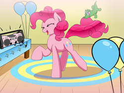 Size: 4000x3000 | Tagged: safe, artist:coramino, gummy, pinkie pie, earth pony, pony, balloon, dancing, music, music player