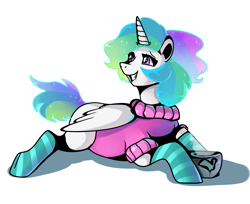 Size: 5400x4400 | Tagged: safe, artist:easthoku, artist:mylittlegodzilla, princess celestia, alicorn, pony, absurd resolution, clothes, digital art, female, grin, mare, smiling, socks, solo, striped socks, sweater