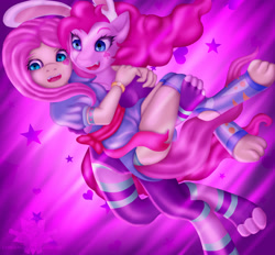 Size: 3333x3095 | Tagged: safe, artist:generalecchi, fluttershy, pinkie pie, anthro, plantigrade anthro, bunny ears, clothes, socks