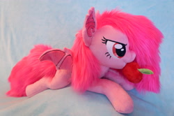 Size: 4912x3264 | Tagged: safe, artist:fafatacle, pinkie pie, bat pony, apple, food, high res, irl, photo, pinkamena diane pie, pinkiebat, plushie, prone, race swap, solo