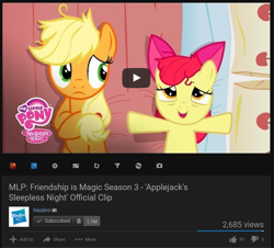 Size: 983x890 | Tagged: safe, screencap, apple bloom, applejack, earth pony, pony, apple family reunion, bed, duo, female, filly, hasbro, mare, on back, out of context, pillow, thumbnail, youtube, youtube link