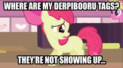 Size: 1277x717 | Tagged: safe, apple bloom, blank flank, caption, derpibooru, meta