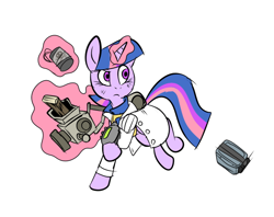 Size: 660x522 | Tagged: safe, artist:metal-kitty, derpibooru import, twilight sparkle, bottlecap mine, clothes, crossover, fallout, fallout 3, lab coat, magic, nuka-grenade, pipboy, pipbuck, rock-it launcher, telekinesis, vault suit