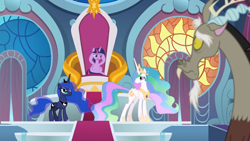 Size: 1366x768 | Tagged: safe, screencap, discord, princess celestia, princess luna, twilight sparkle, twilight sparkle (alicorn), alicorn, pony, the ending of the end, curtains, disbelief, sad, stained glass window, stairs, throne, throne room