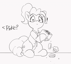 Size: 1280x1158 | Tagged: safe, artist:pabbley, pinkie pie, earth pony, pony, 30 minute art challenge, clothes, explosives, female, food, looking at you, mare, monochrome, muffin, shirt, sketch, solo