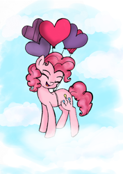 Size: 1000x1414 | Tagged: safe, artist:danger-dashz, pinkie pie, earth pony, pony, balloon, cute, eyes closed, female, floating, heart balloon, mare, sky, smiling, solo, then watch her balloons lift her up to the sky