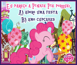 Size: 940x788 | Tagged: safe, pinkie pie, earth pony, pony, balloon, brazil, brazilian portuguese, eyes closed, facebook, my little pony logo, official, ponyville, portuguese, solo, sugarcube corner, translated in the description