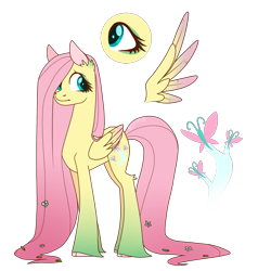 Size: 2000x2000 | Tagged: safe, artist:solareflares, fluttershy, pegasus, pony, cutie mark, ear fluff, eye, flower, flower in hair, frown, redesign, scared, simple background, solo, standing, transparent background, wings
