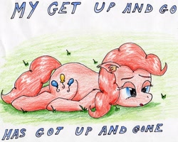 Size: 2514x2009 | Tagged: safe, artist:40kponyguy, derpibooru exclusive, pinkie pie, earth pony, pony, colored pencil drawing, ear fluff, female, floppy ears, grass, mare, solo, tired, traditional art